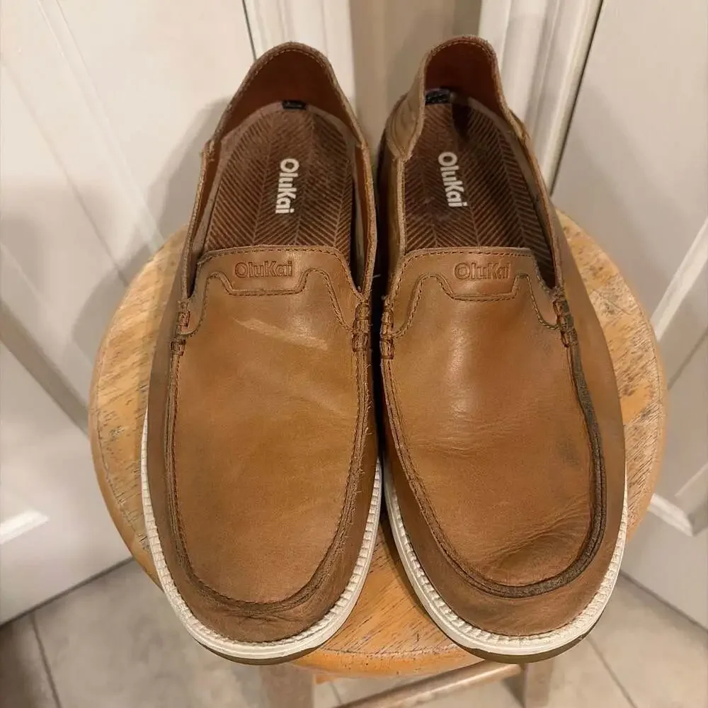 OluKai Kākaha Nia Men's Tan Leather Slip-On Casual Shoes